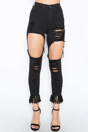 .Ladies black high waist cutout distressed fringe skinny jeans