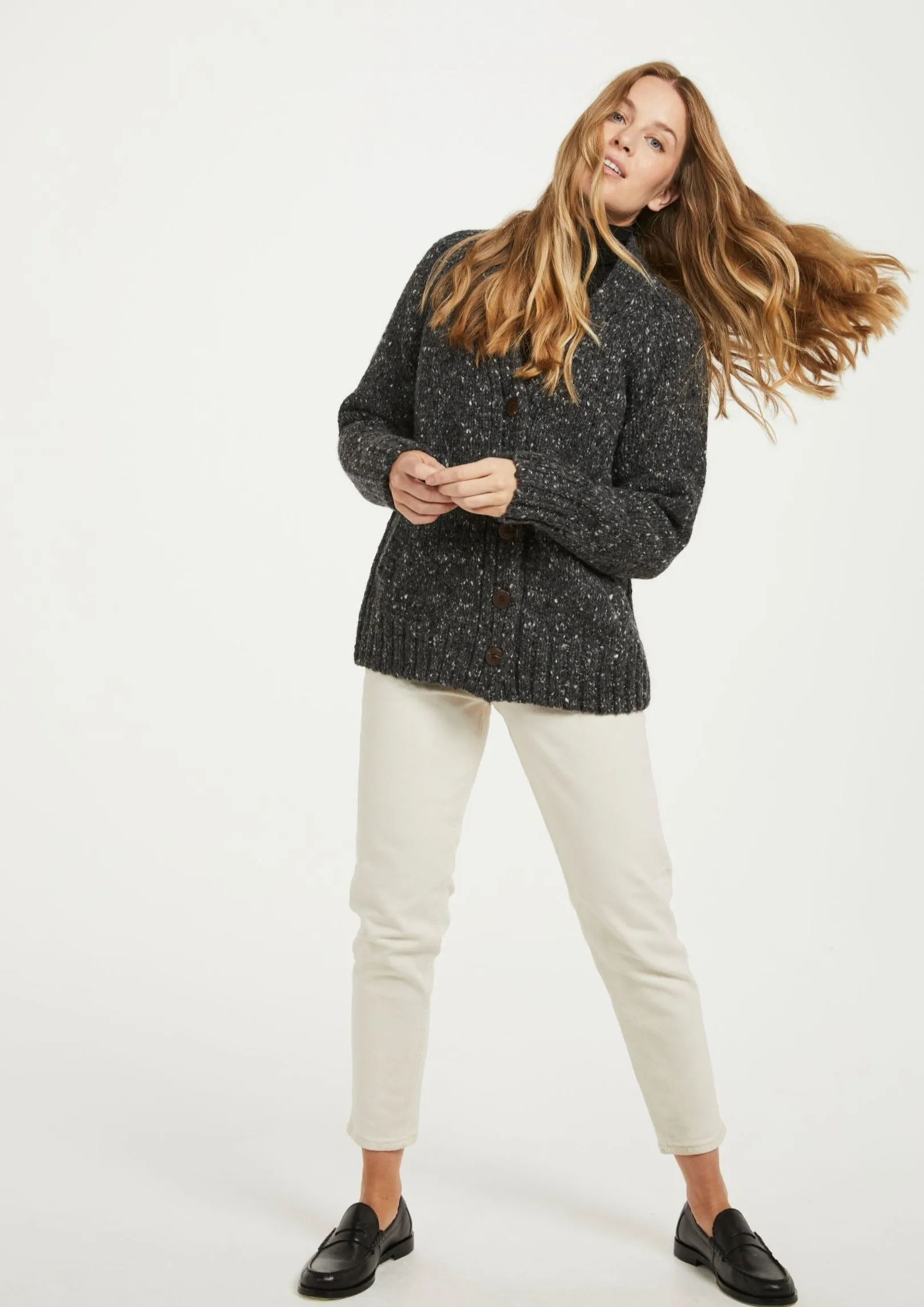 Ladies' Donegal Cardigan with Side Pockets | Charcoal