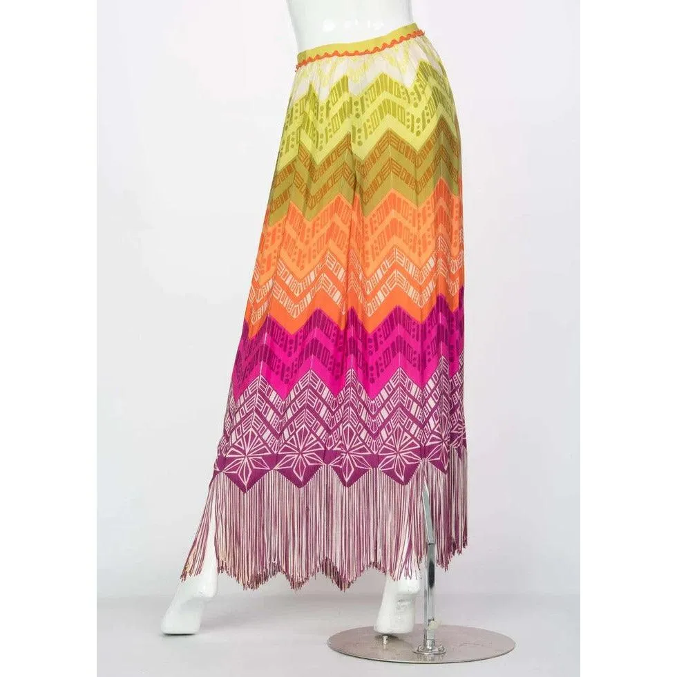 LANVIN Silk Rainbow Print Fringe Maxi Skirt, 1970s | Small/Medium