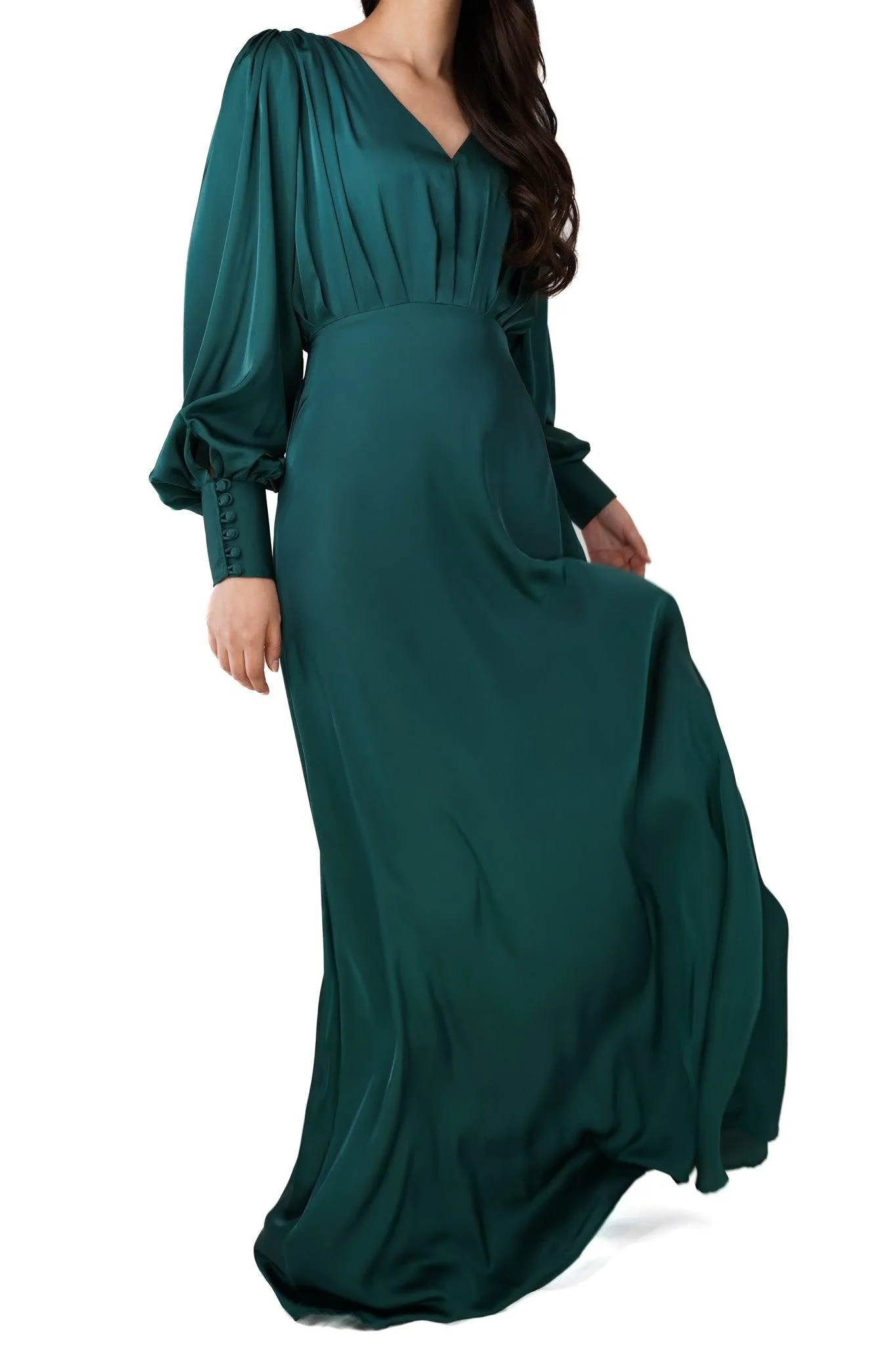 Layla Emerald Green Satin Maxi Dress With Long Sleeves