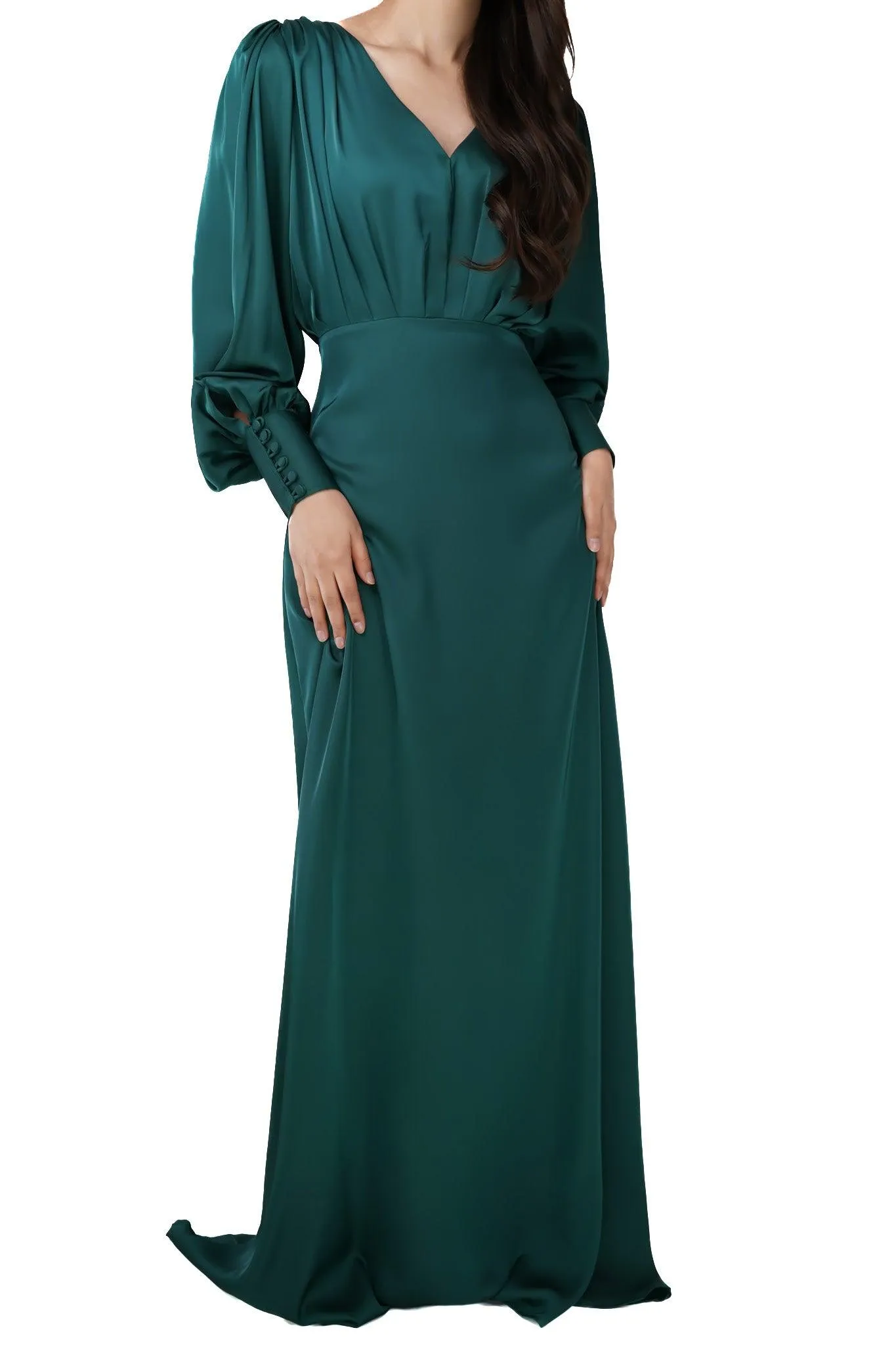 Layla Emerald Green Satin Maxi Dress With Long Sleeves