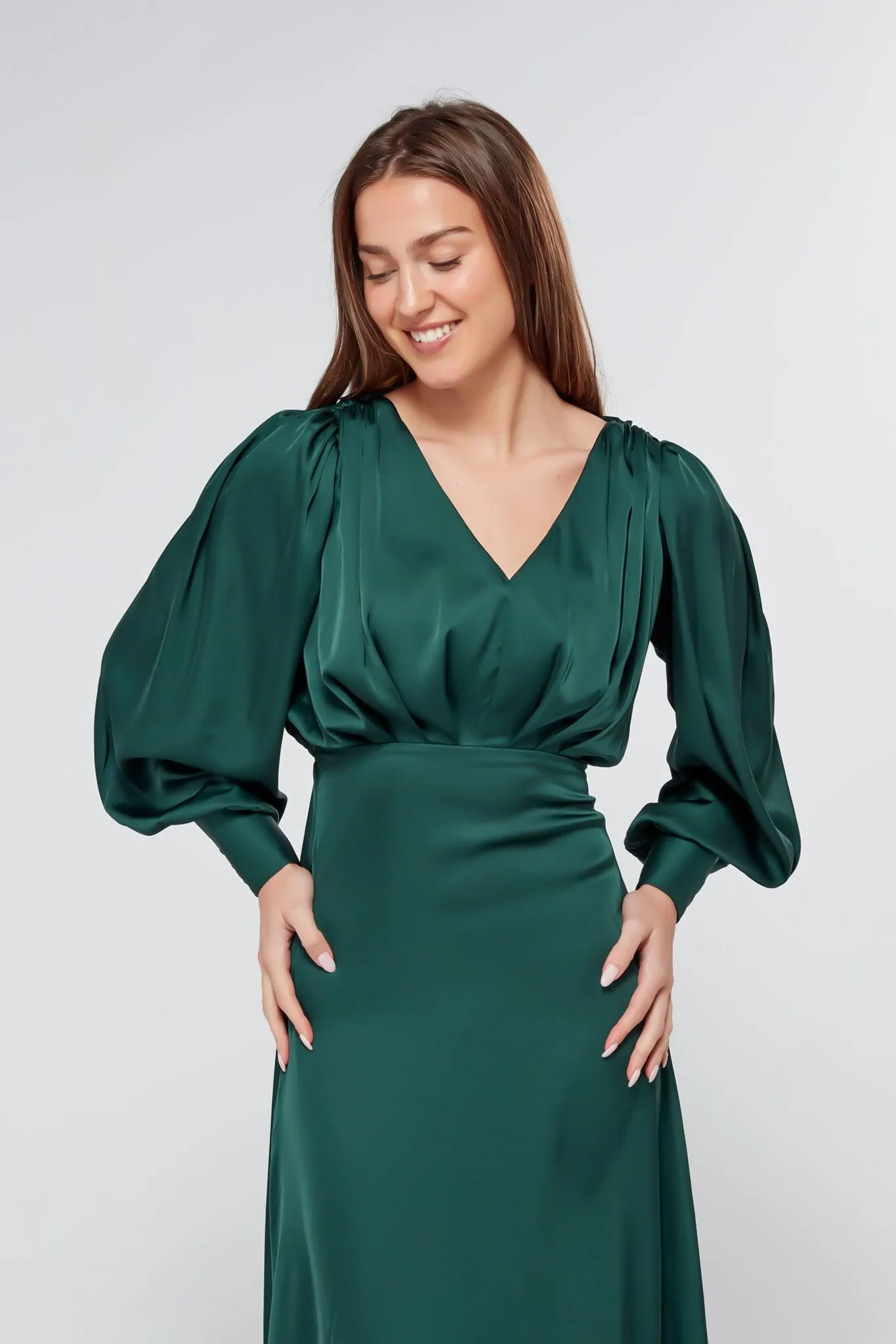 Layla Emerald Green Satin Maxi Dress With Long Sleeves