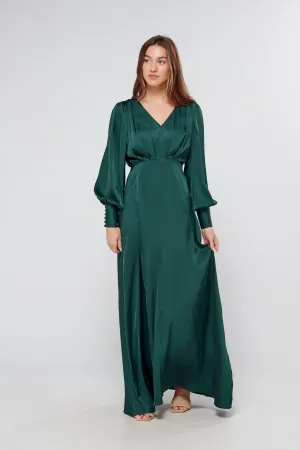 Layla Emerald Green Satin Maxi Dress With Long Sleeves