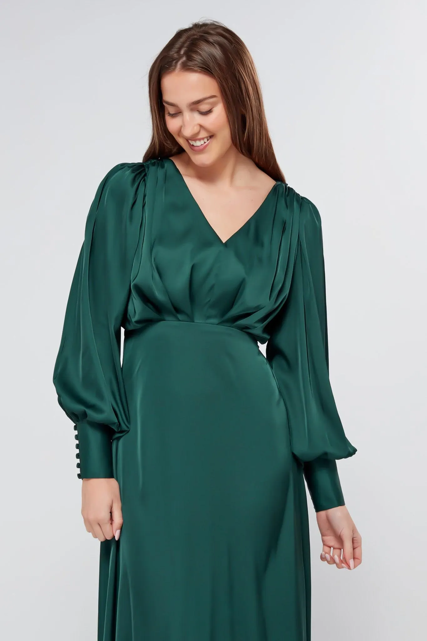 Layla Emerald Green Satin Maxi Dress With Long Sleeves