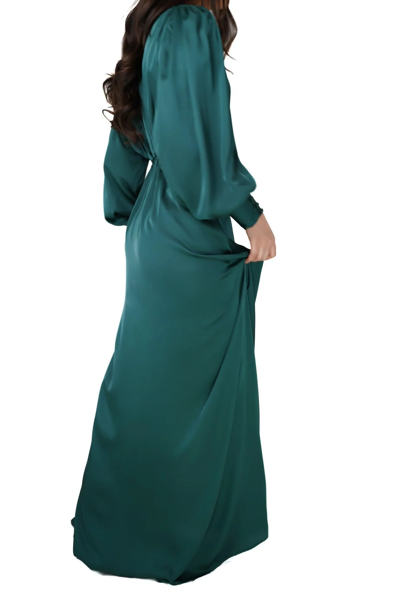 Layla Emerald Green Satin Maxi Dress With Long Sleeves