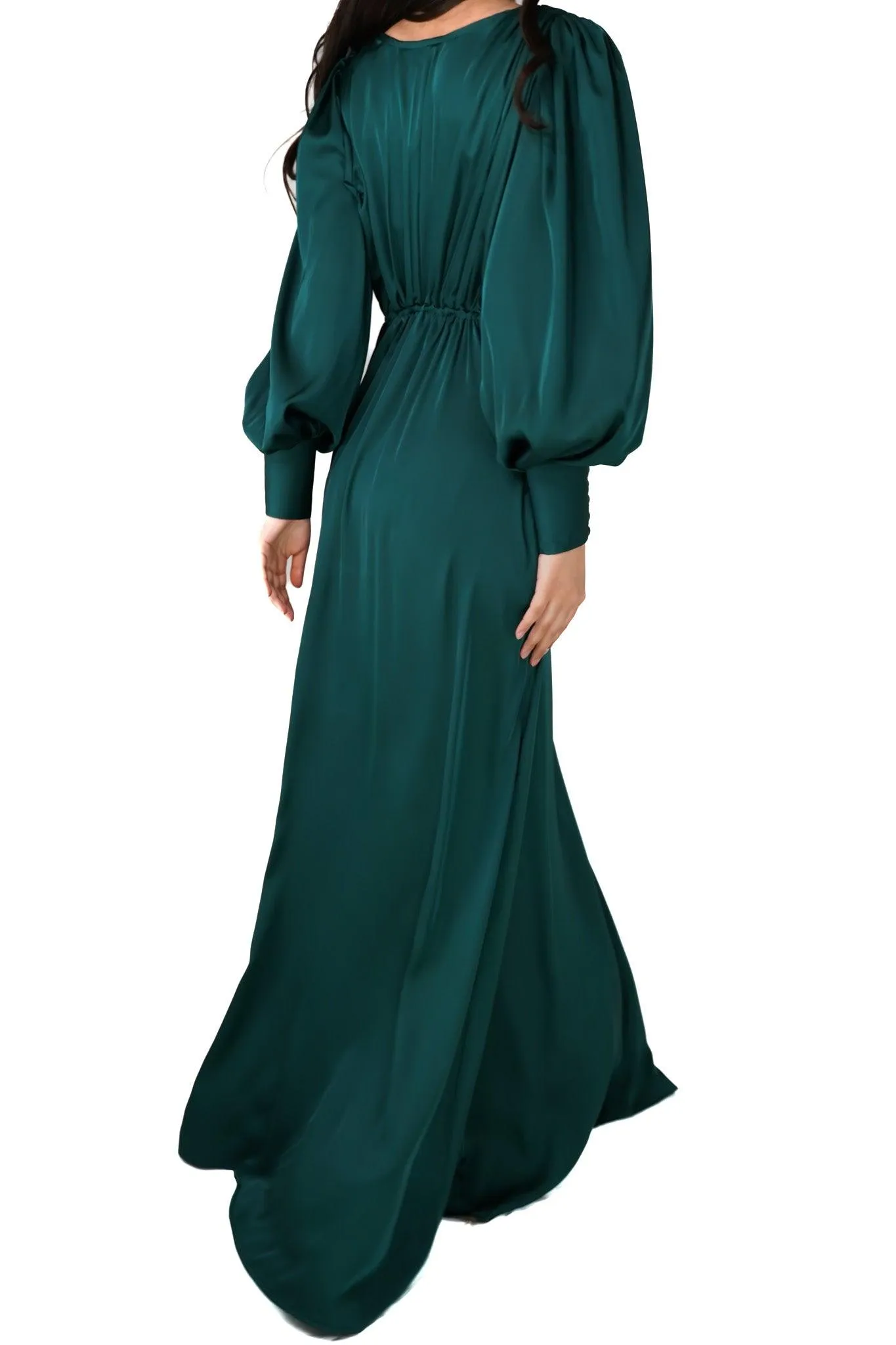 Layla Emerald Green Satin Maxi Dress With Long Sleeves