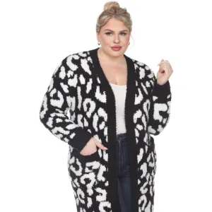 Leopard Print Open Front Sherpa Coat - Plus