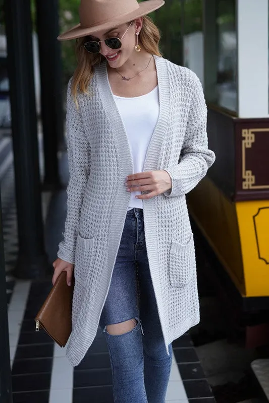 Light Grey Waffle Knit Long Open Cardigan