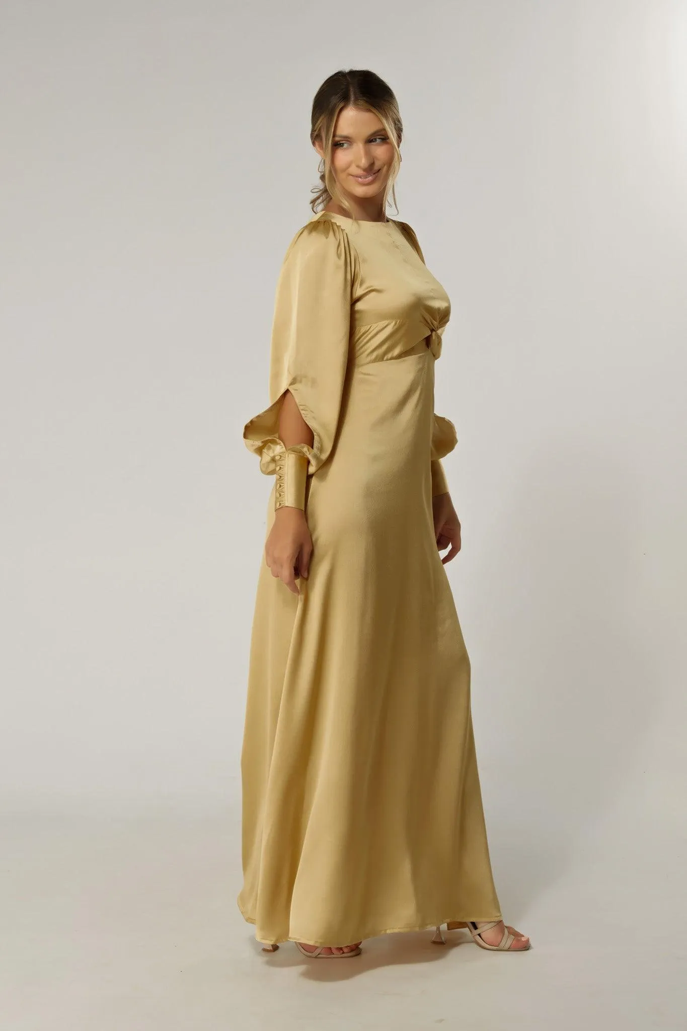 Lila Light Gold Knotted Front Soft Crepe Maxi Dress