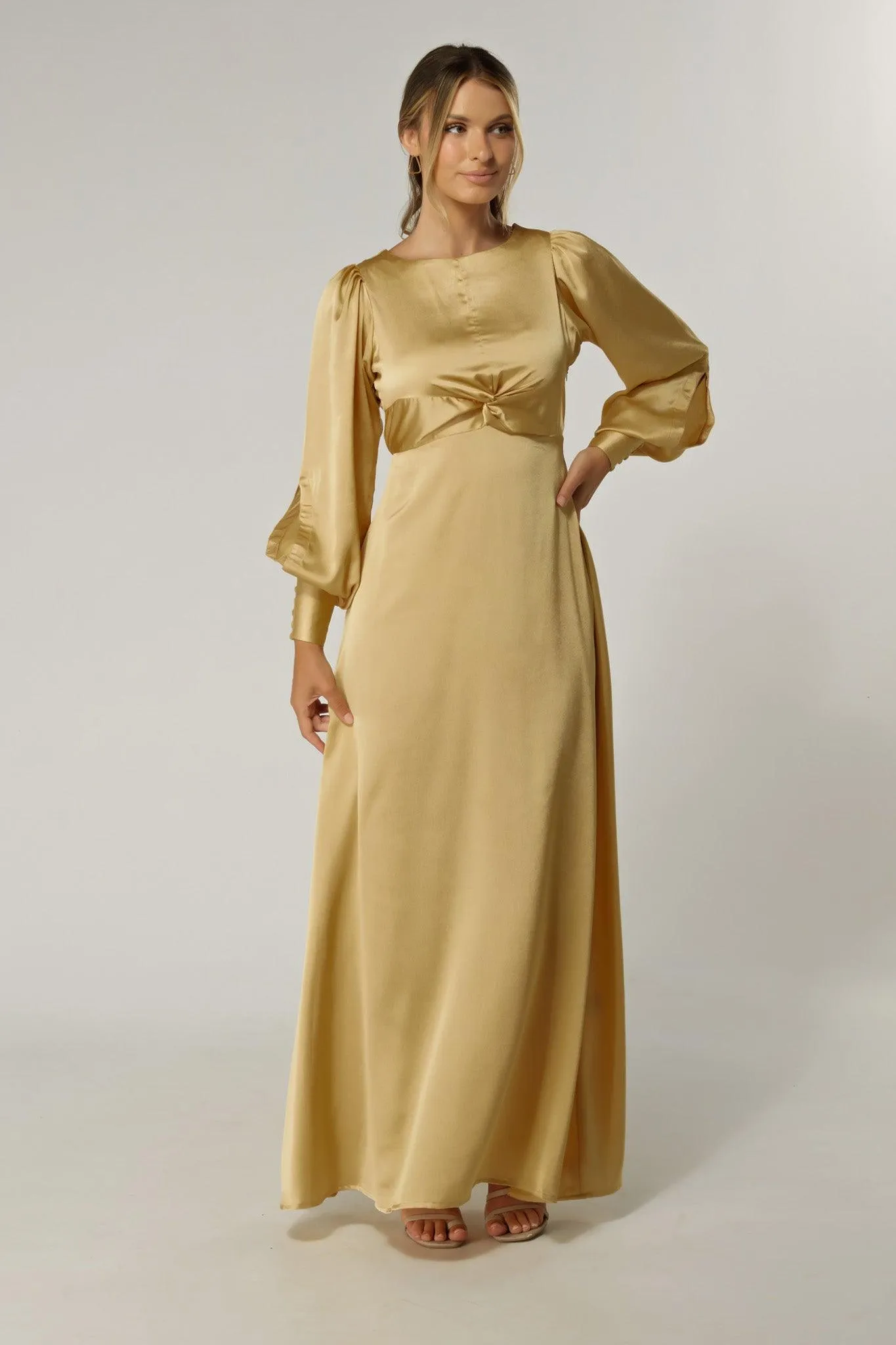 Lila Light Gold Knotted Front Soft Crepe Maxi Dress