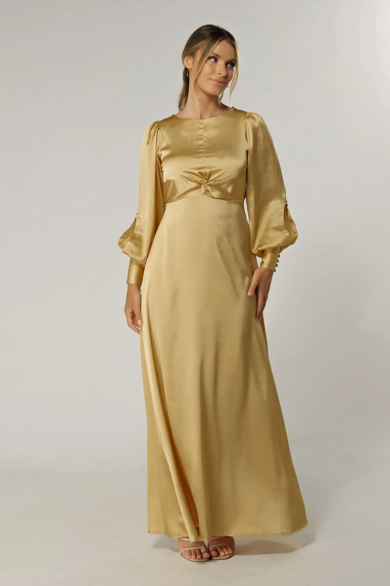 Lila Light Gold Knotted Front Soft Crepe Maxi Dress