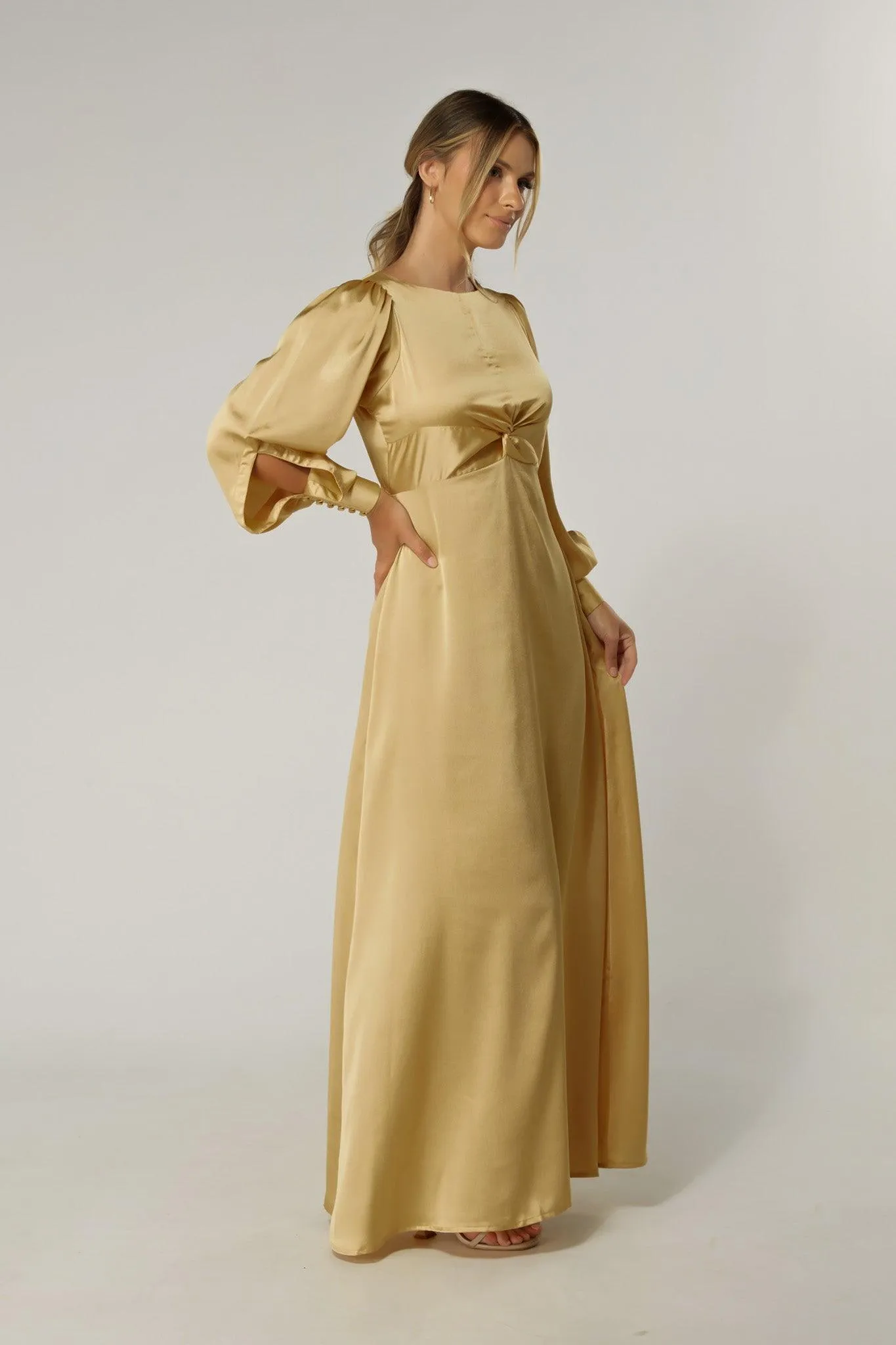 Lila Light Gold Knotted Front Soft Crepe Maxi Dress