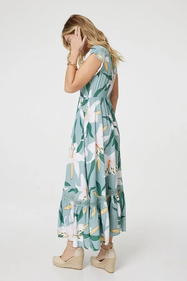 Lilly Print Lace Trim Maxi Dress