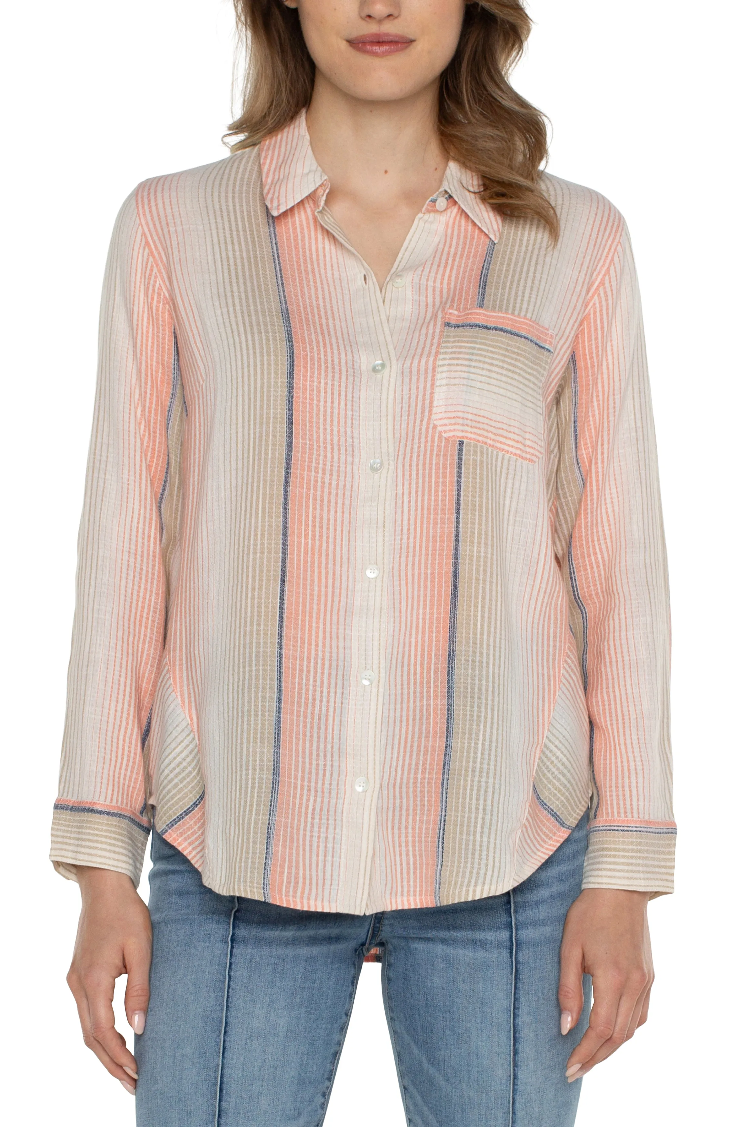 Liverpool Button Front Shirt w/ Inverted Pleat Mitering (orange tan multi)