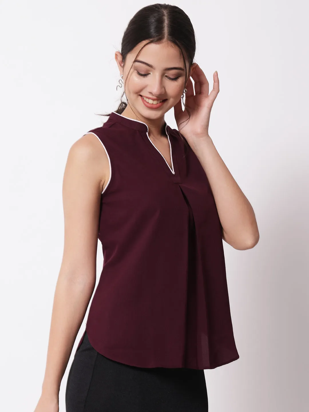 Maroon Mandarin Collar Crepe Top