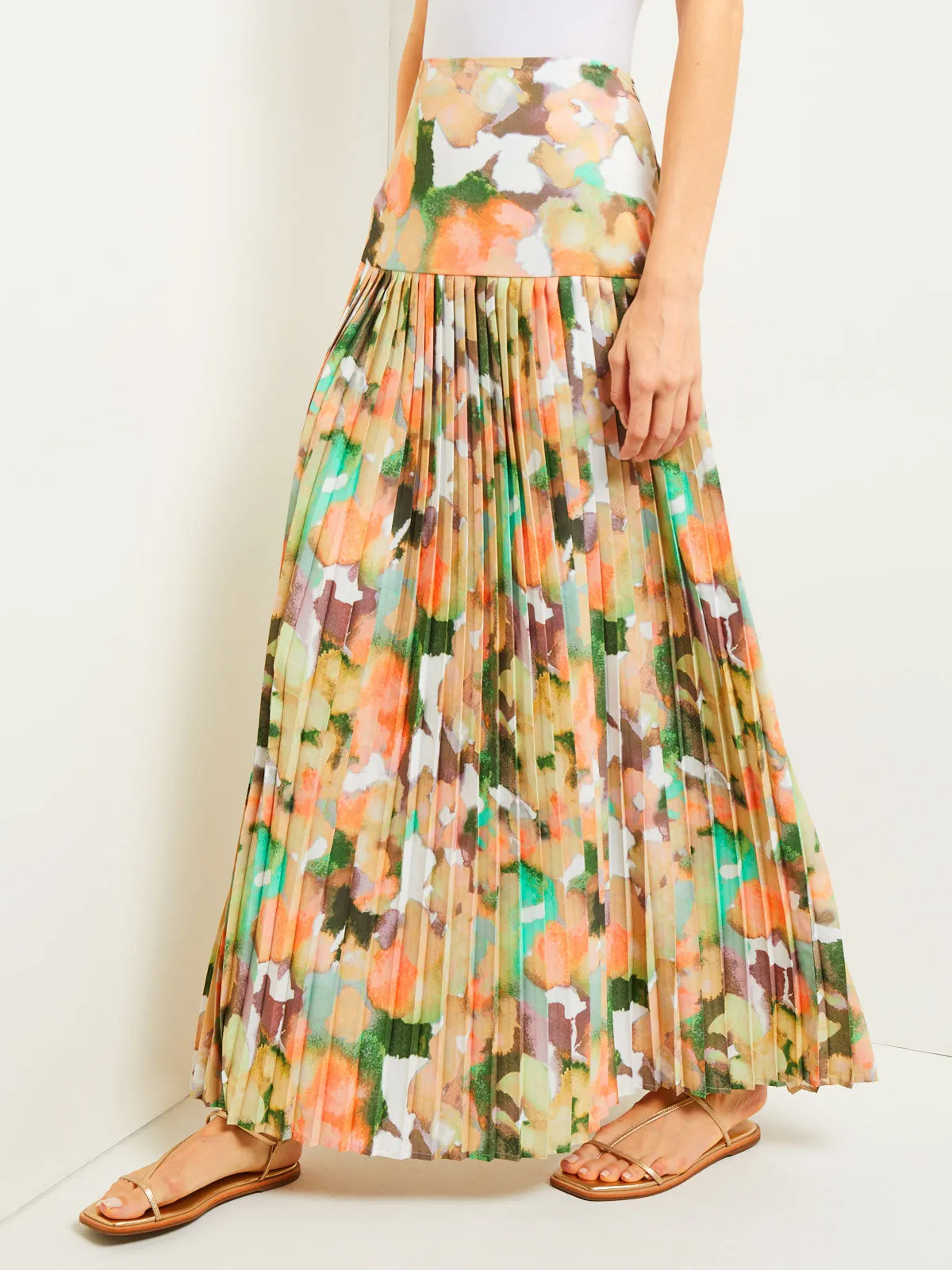 Maxi Drop Waist Skirt - Pleated Watercolor Woven