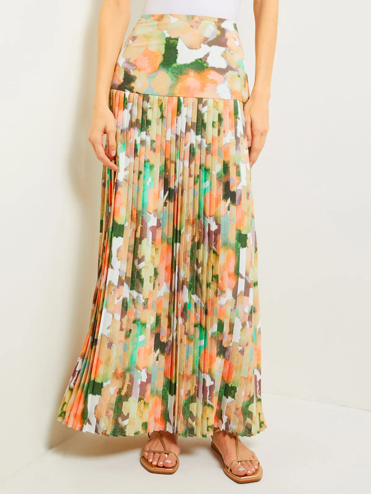 Maxi Drop Waist Skirt - Pleated Watercolor Woven