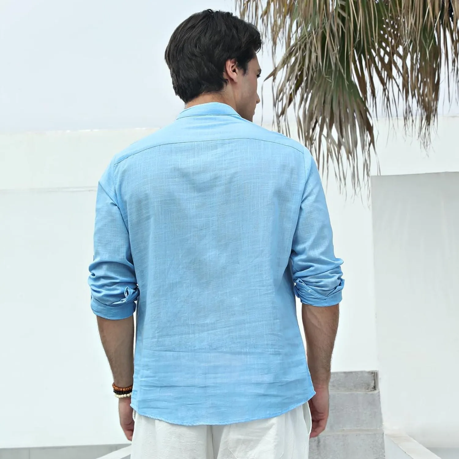 Men‘s Henley Shirt Linen with Pocket - SKY BLUE