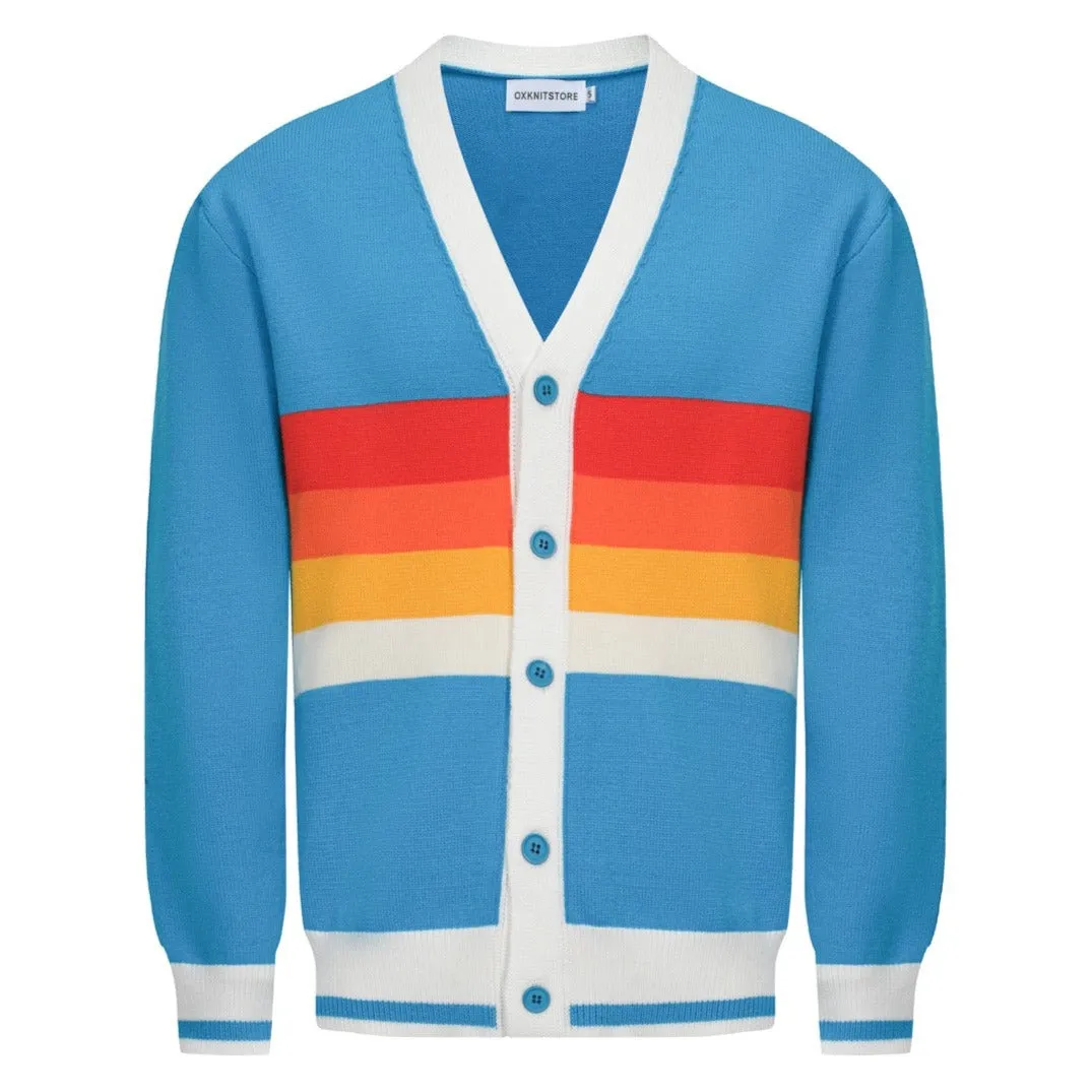 Men's Rainbow Chest Stripes Knitted Long Sleeves Sky Blue Cardigan