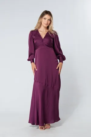 Naomi Purple Light Satin-Crepe Maxi Dress With Long Sleeves