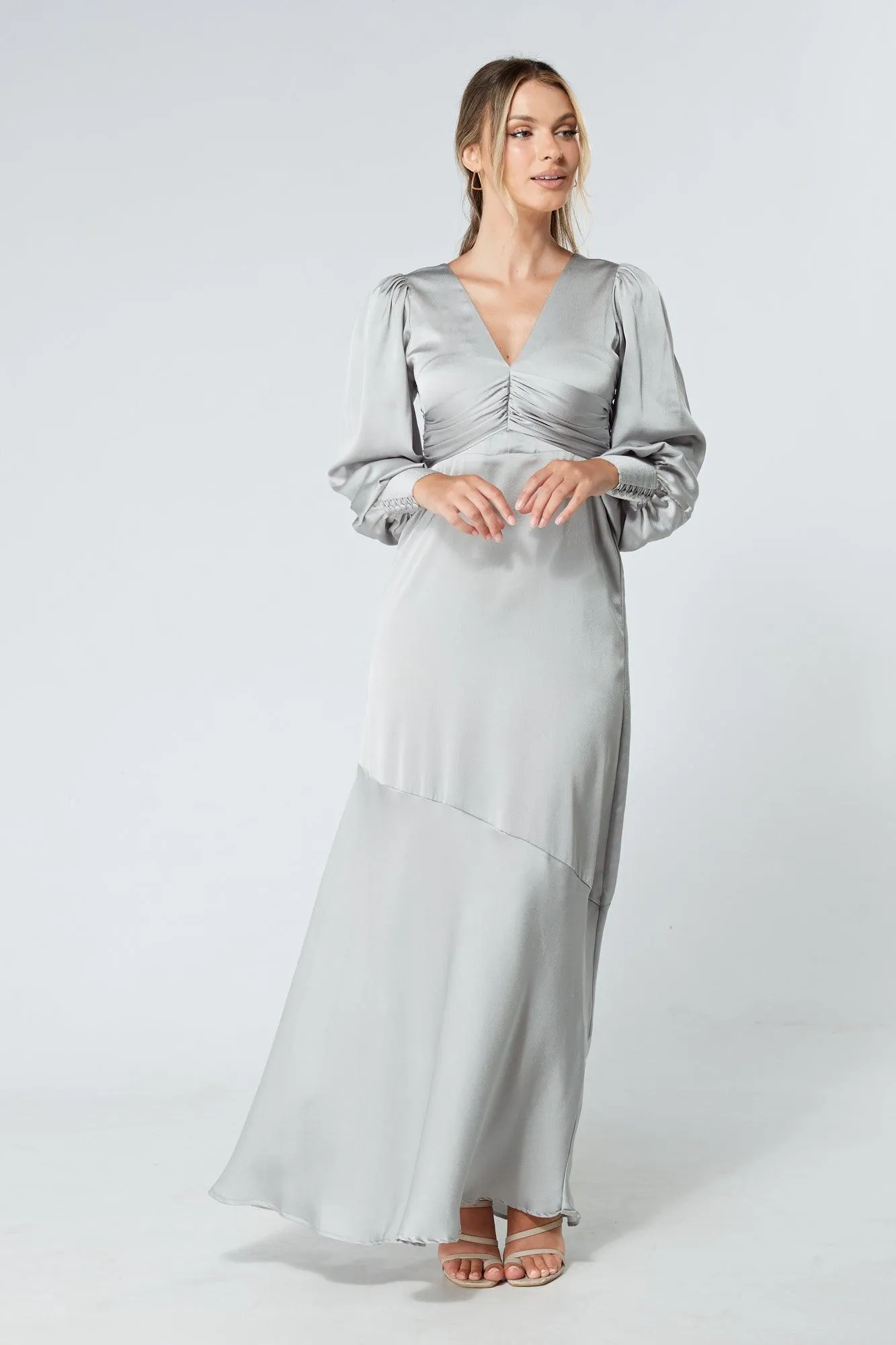 Naomi Silver Light Satin-Crepe Maxi Dress With Long Sleeves