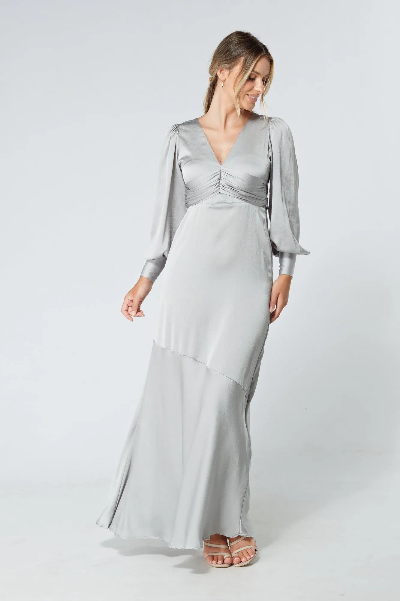 Naomi Silver Light Satin-Crepe Maxi Dress With Long Sleeves