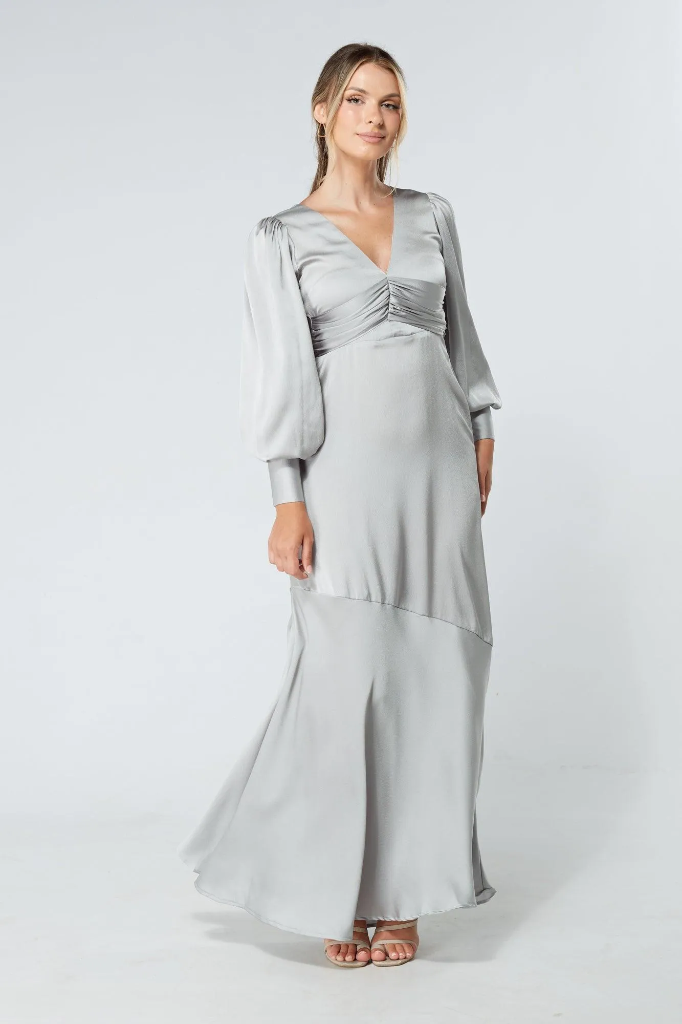 Naomi Silver Light Satin-Crepe Maxi Dress With Long Sleeves