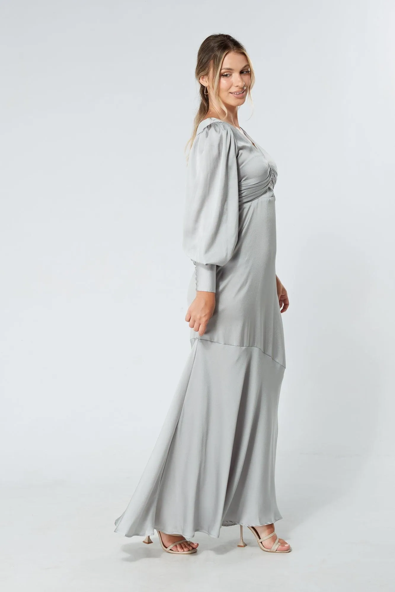 Naomi Silver Light Satin-Crepe Maxi Dress With Long Sleeves