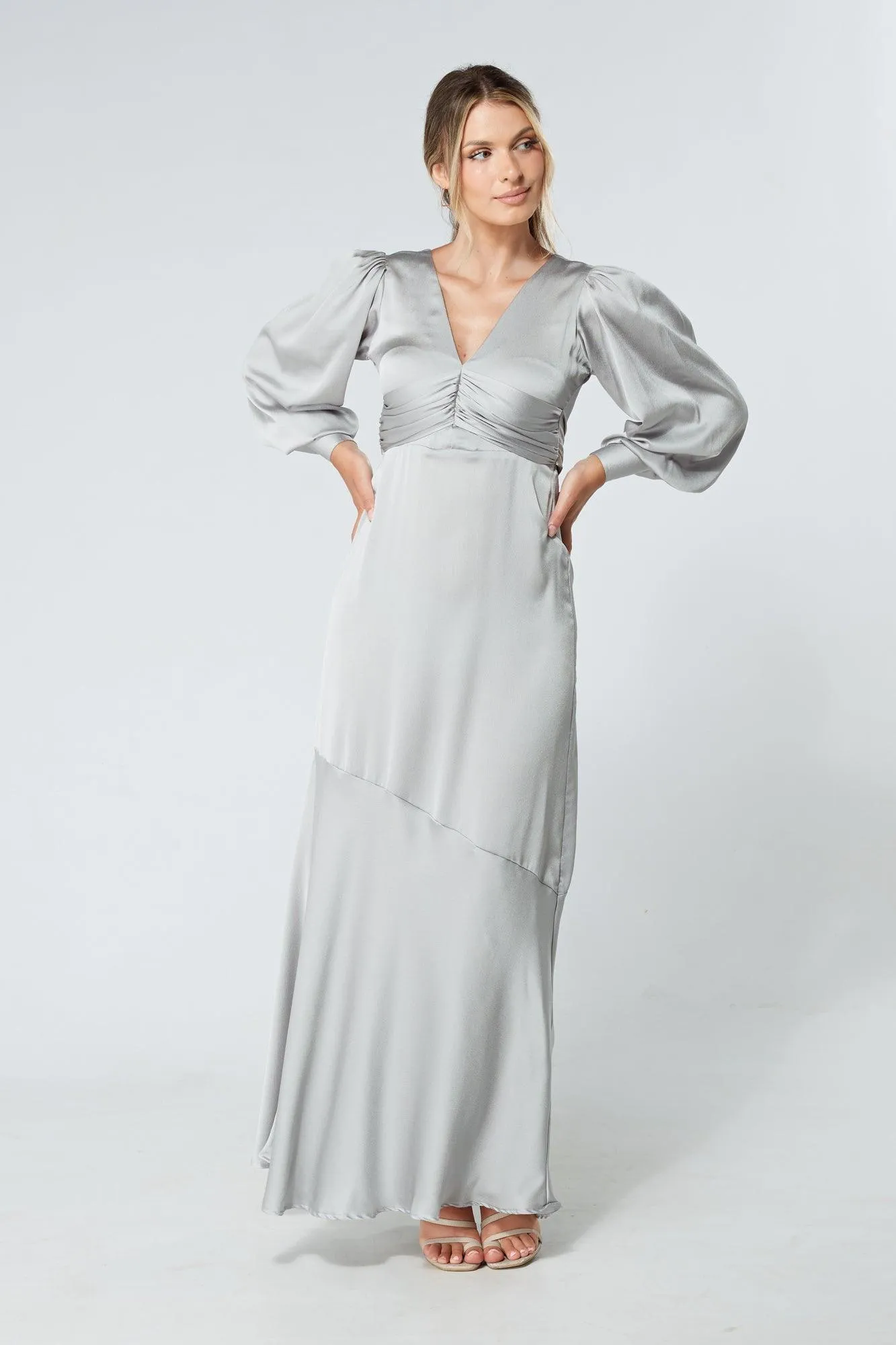 Naomi Silver Light Satin-Crepe Maxi Dress With Long Sleeves