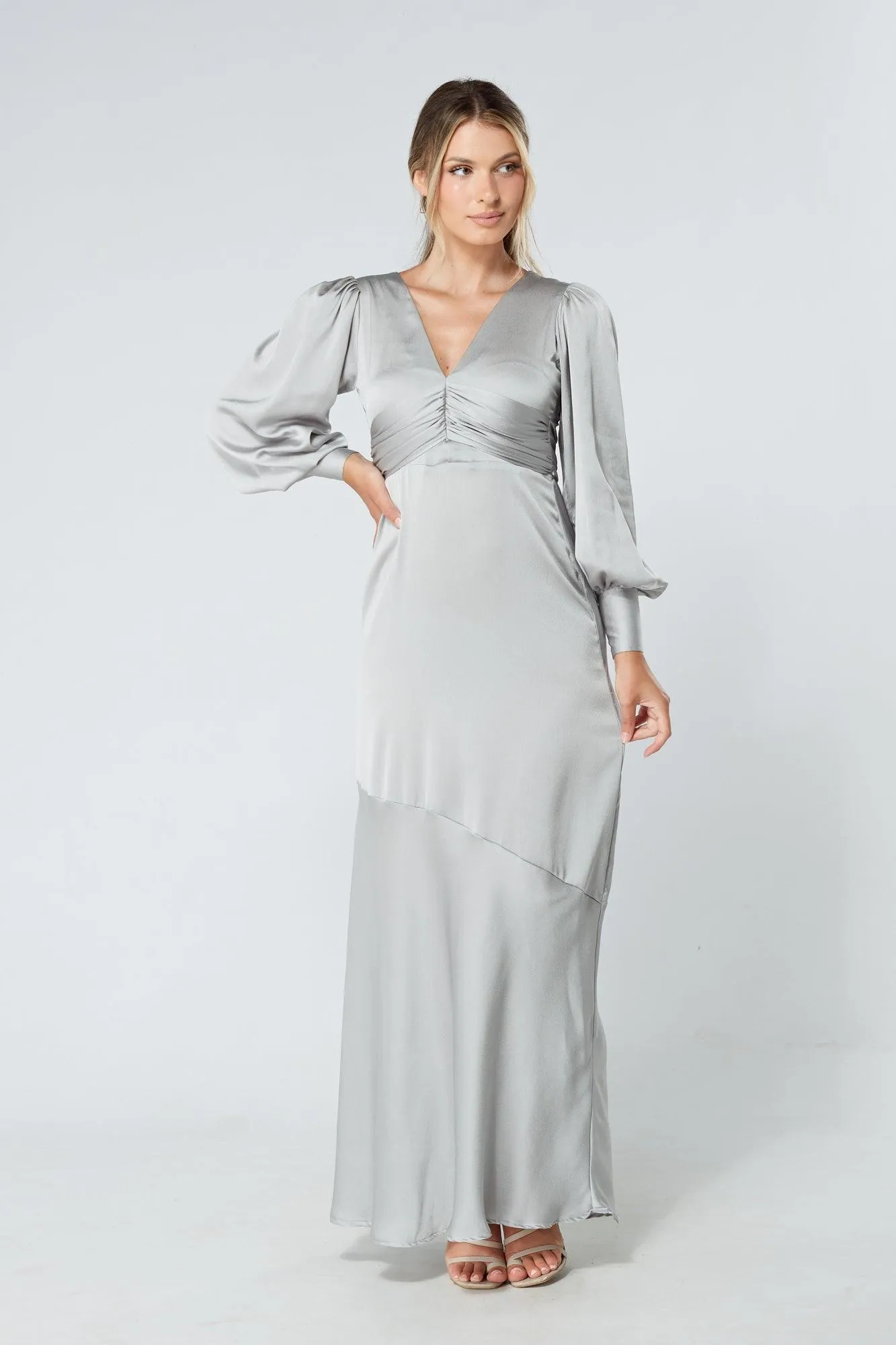 Naomi Silver Light Satin-Crepe Maxi Dress With Long Sleeves