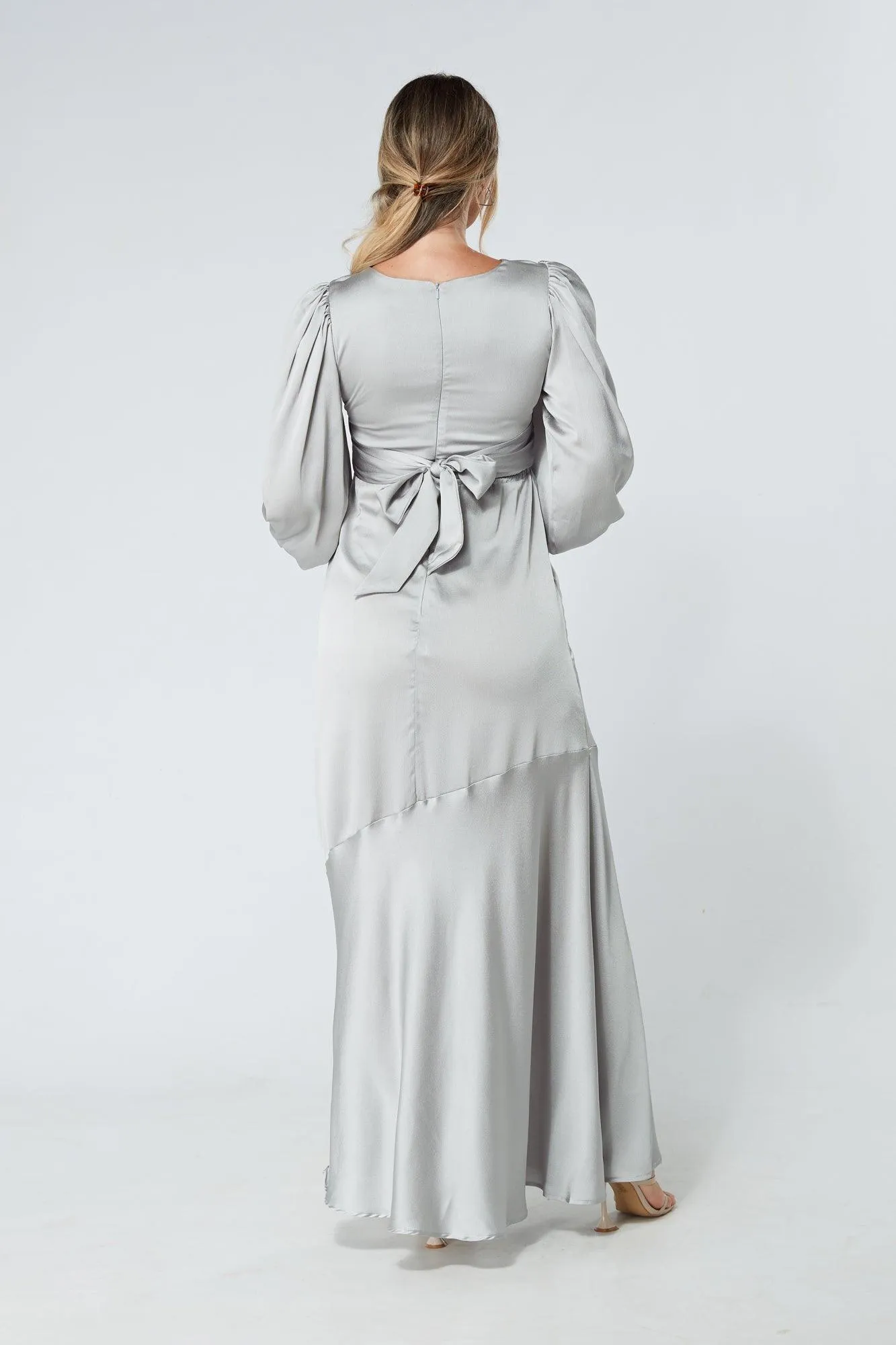 Naomi Silver Light Satin-Crepe Maxi Dress With Long Sleeves