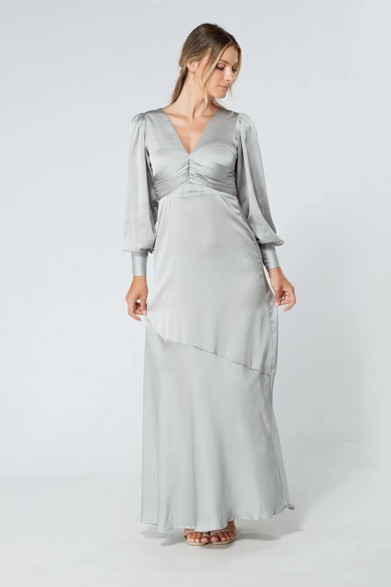 Naomi Silver Light Satin-Crepe Maxi Dress With Long Sleeves