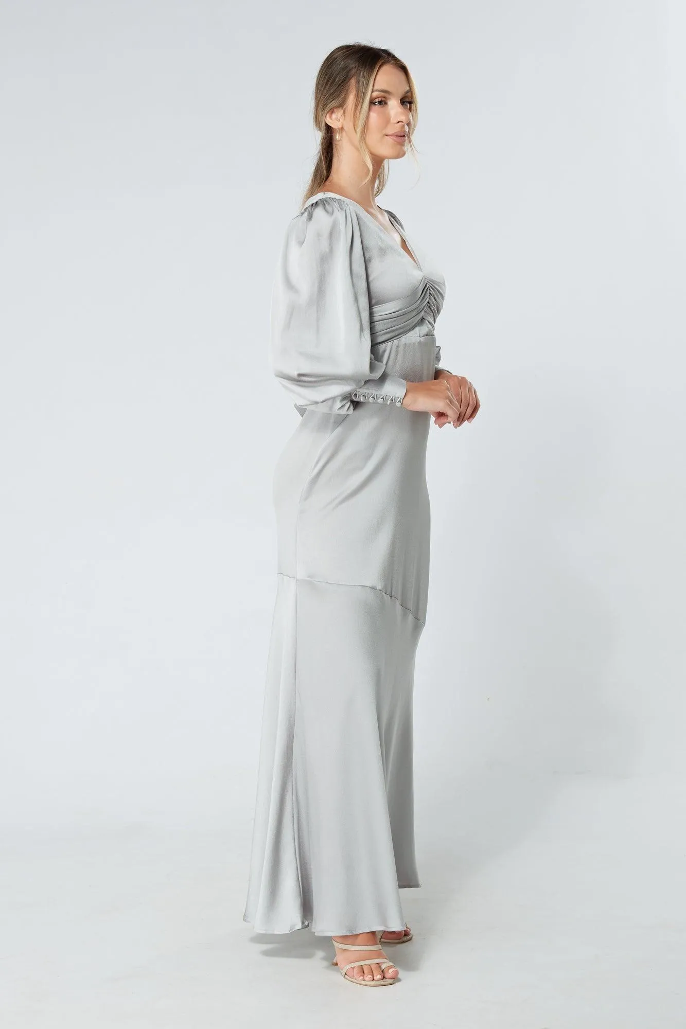 Naomi Silver Light Satin-Crepe Maxi Dress With Long Sleeves