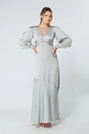 Naomi Silver Light Satin-Crepe Maxi Dress With Long Sleeves