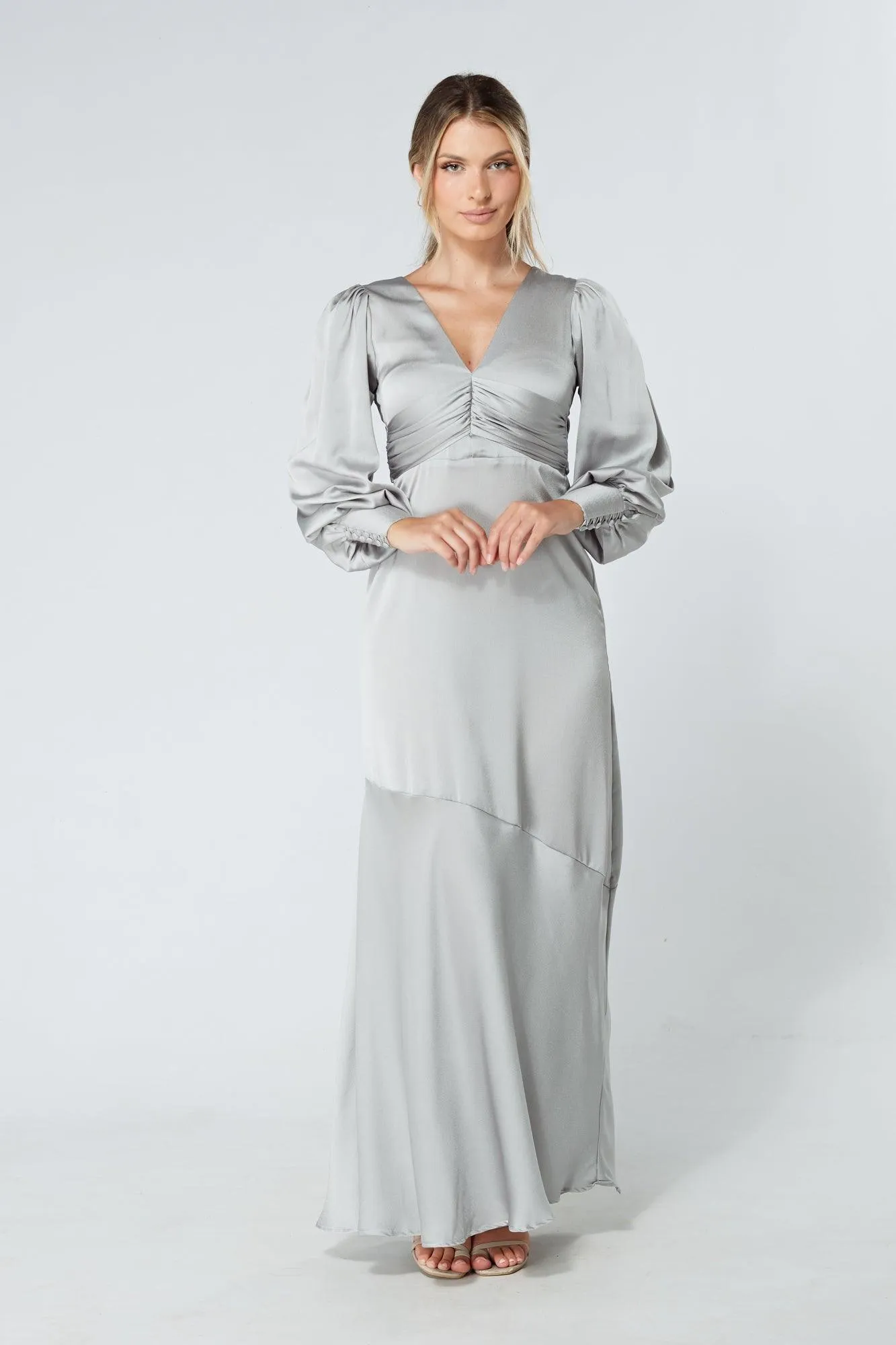 Naomi Silver Light Satin-Crepe Maxi Dress With Long Sleeves