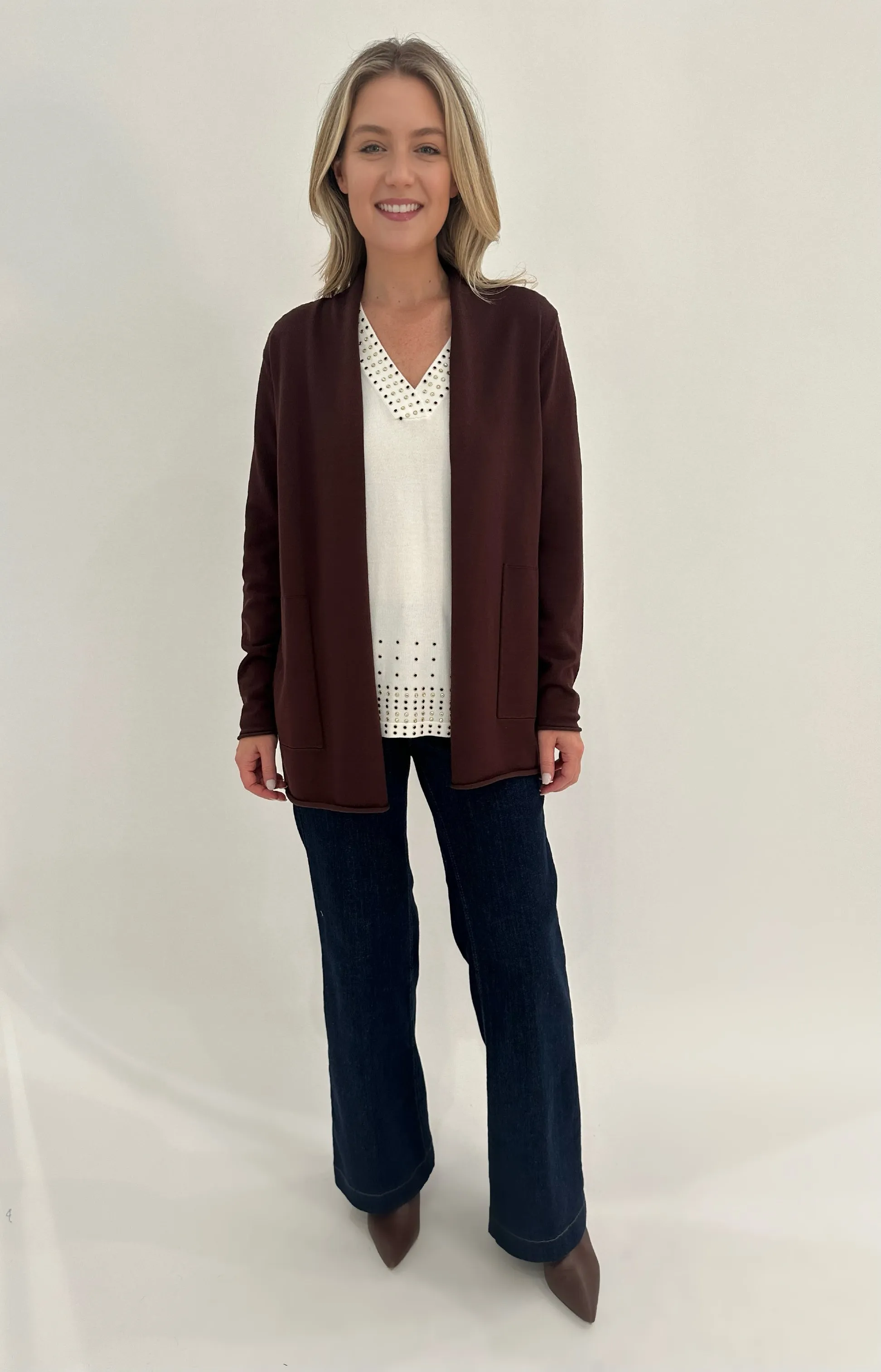 Olivia Long Open Cardigan - Espresso