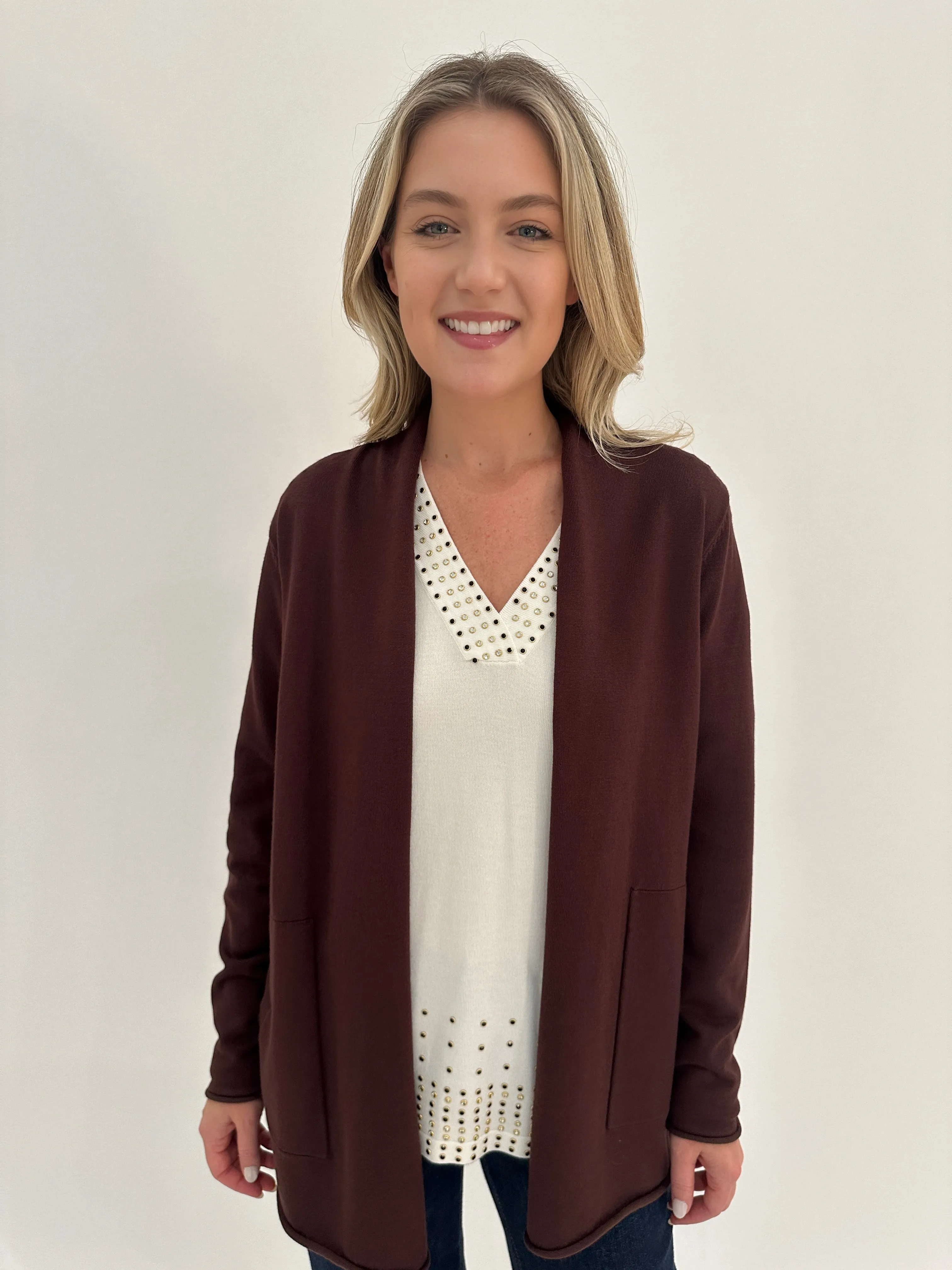 Olivia Long Open Cardigan - Espresso