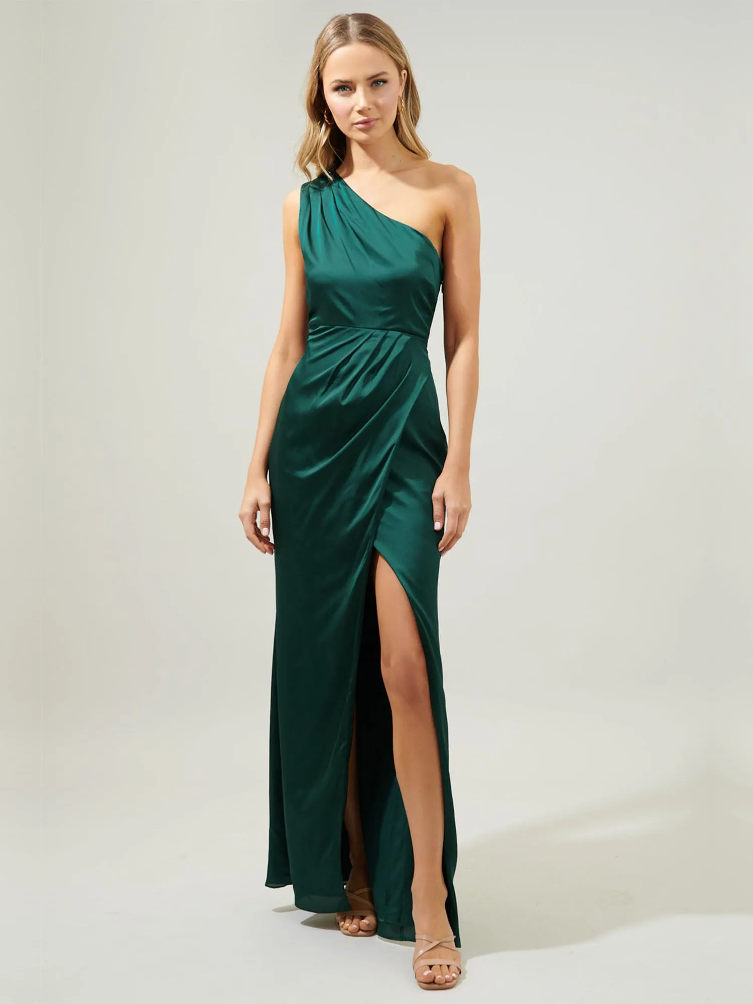 One Shoulder Pleat Detail Maxi Dress - Sugarlips