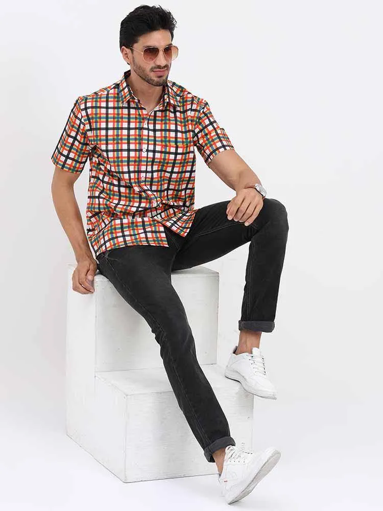 Orange Grey Printed Checks Half Sleeve Shirt