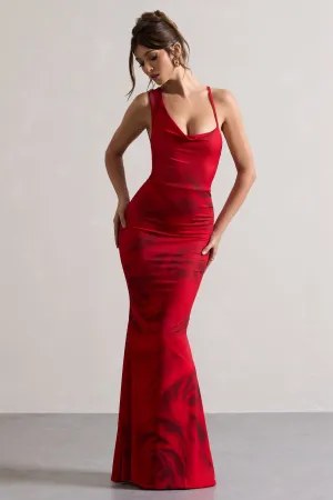 Phantasy | Red Rose Print Asymmetric Neckline Cowl Maxi Dress