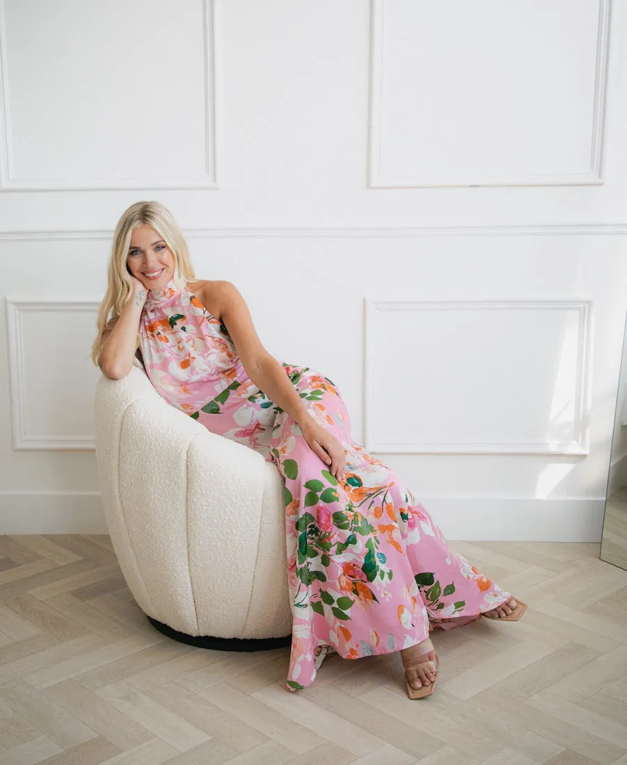 Pink Watercolour Floral Halter Neck Maxi Dress