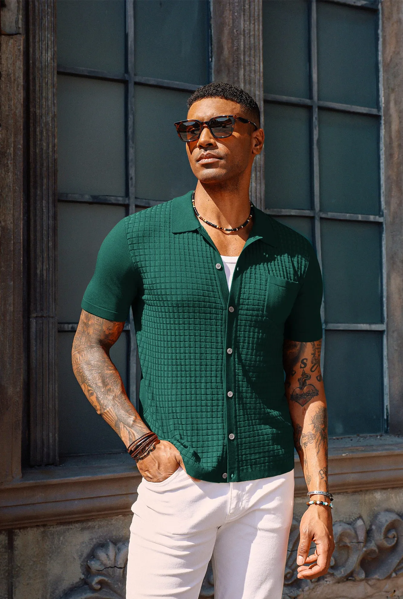 PJ Men Textured Cardigan Short Sleeve Lapel Collar Button-up Sweater Knitwear