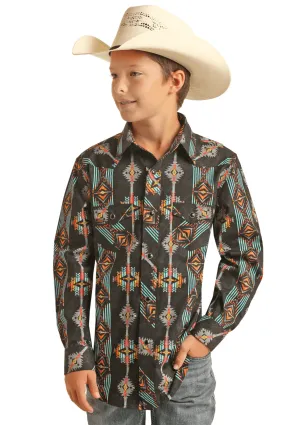 Rock & Roll Cowboy Boy's Bright Turquoise Aztec Snap Up Western Shirt RRBS2SRZ7T