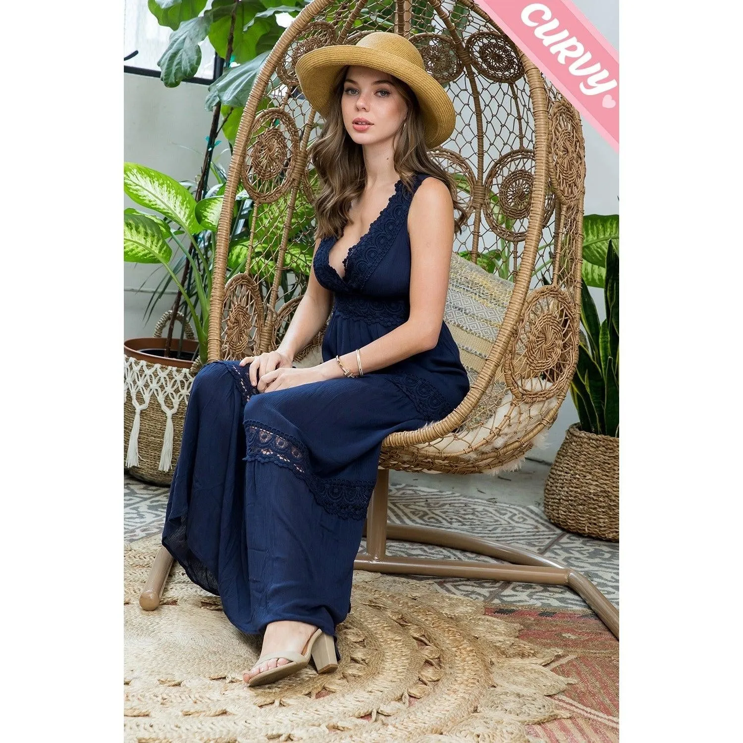 Royal Curves Navy Crochet Lace Woven Maxi Dress