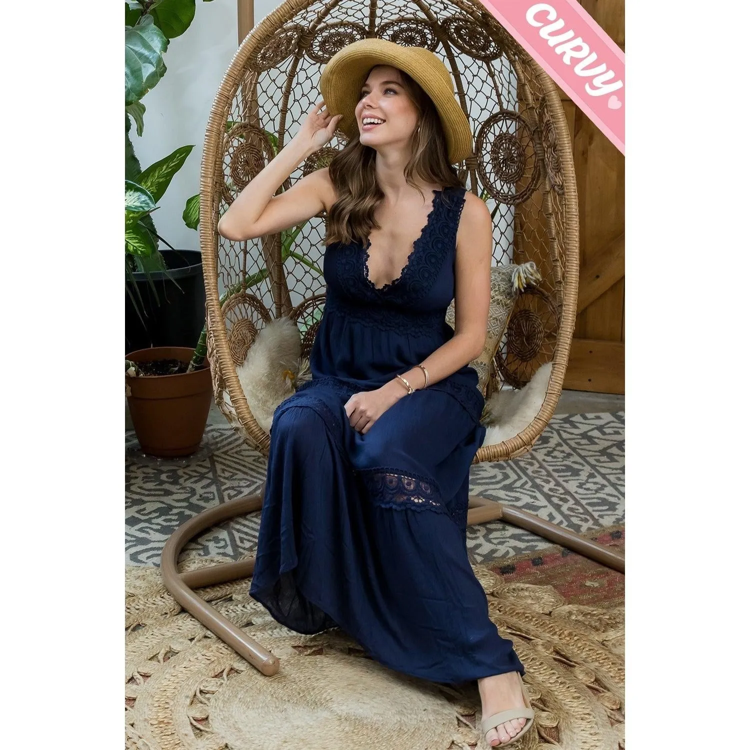 Royal Curves Navy Crochet Lace Woven Maxi Dress