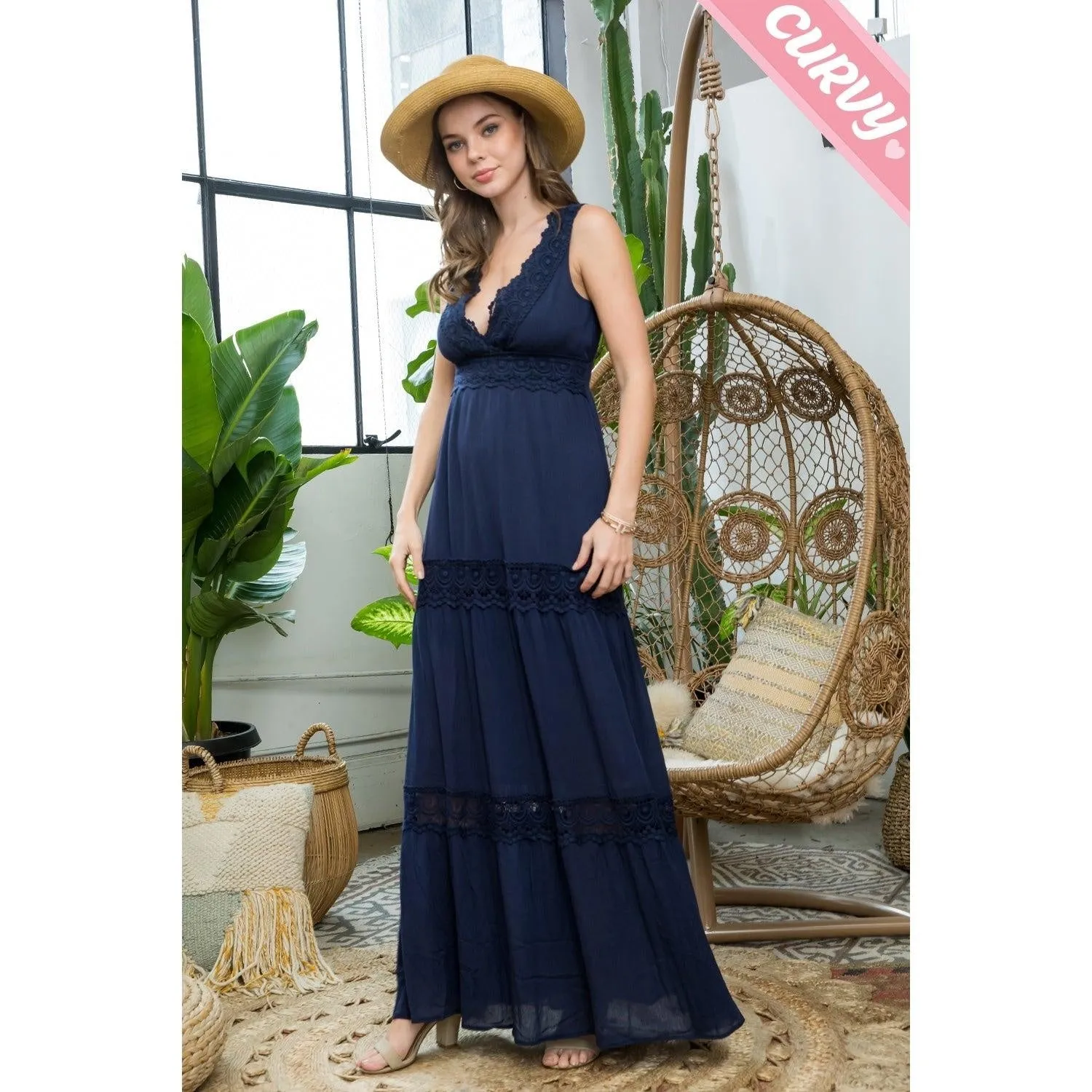 Royal Curves Navy Crochet Lace Woven Maxi Dress