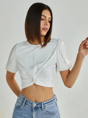 Ruched Twist Puff Sleeve Crop Top