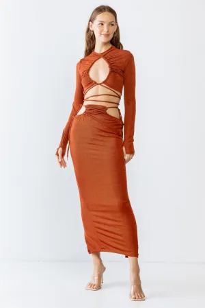 Rust Self-Tie Maxi Skirt & Long Sleeve Cut-Out Crop Top Set /3-2-1