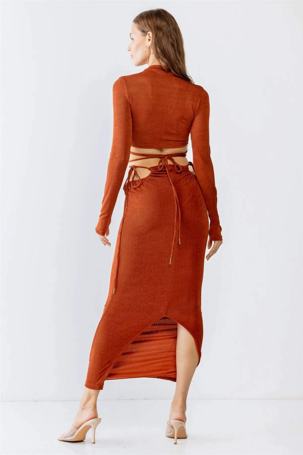 Rust Self-Tie Maxi Skirt & Long Sleeve Cut-Out Crop Top Set /3-2-1