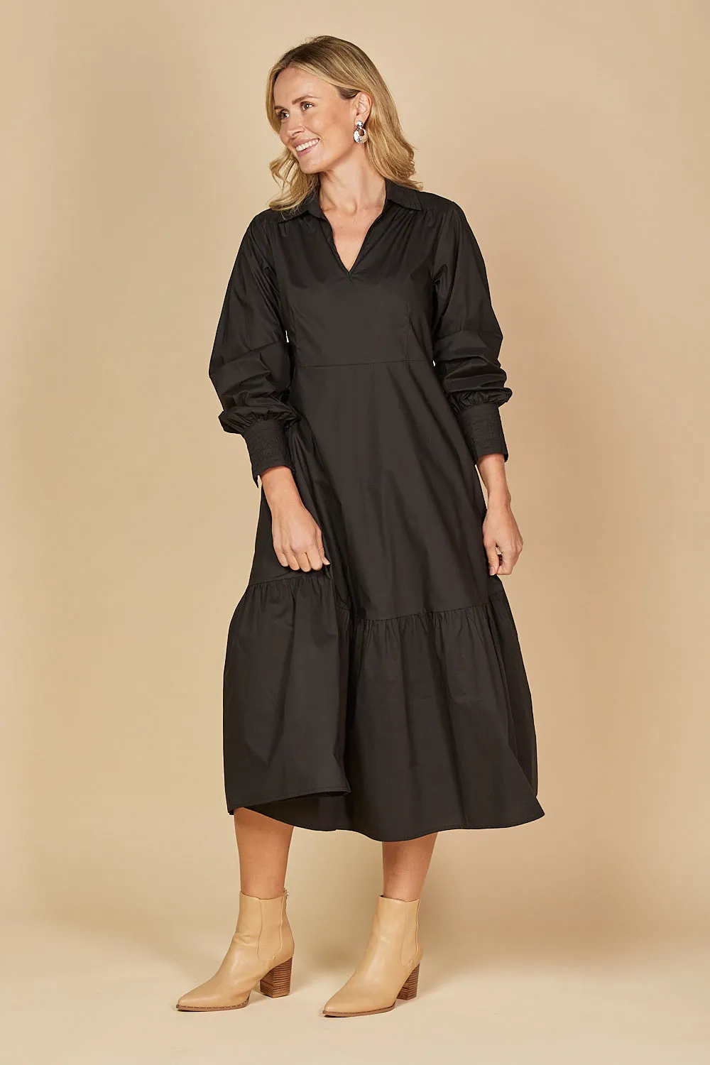 Sabre V-Neck Poplin Dress in Black